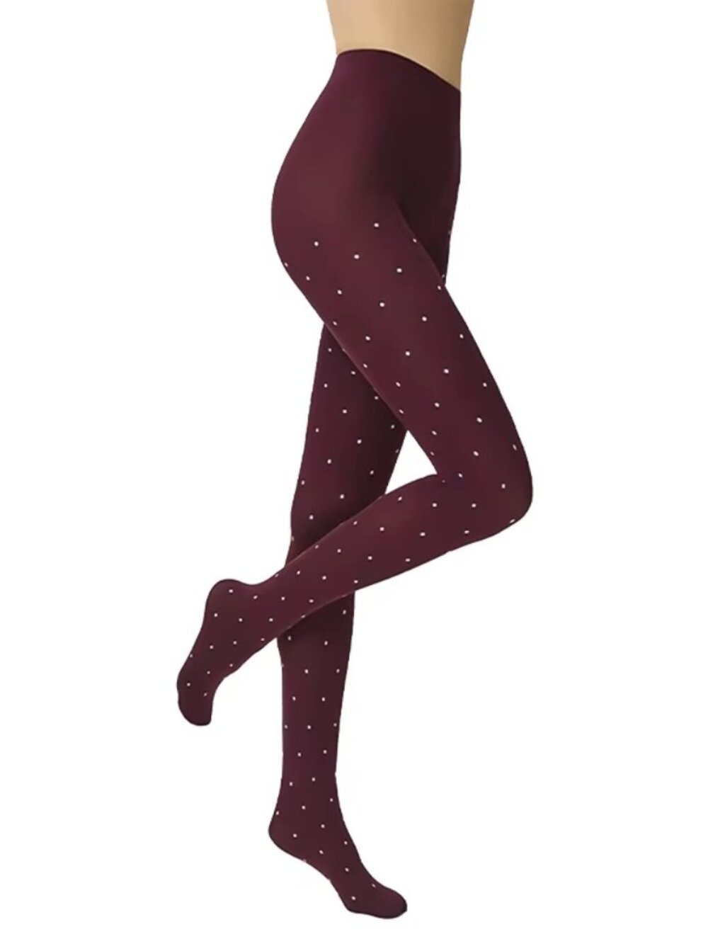 Women's Polka Dot Print Pattern Thick Opaque Knit Burgundy Tights Pantyhose